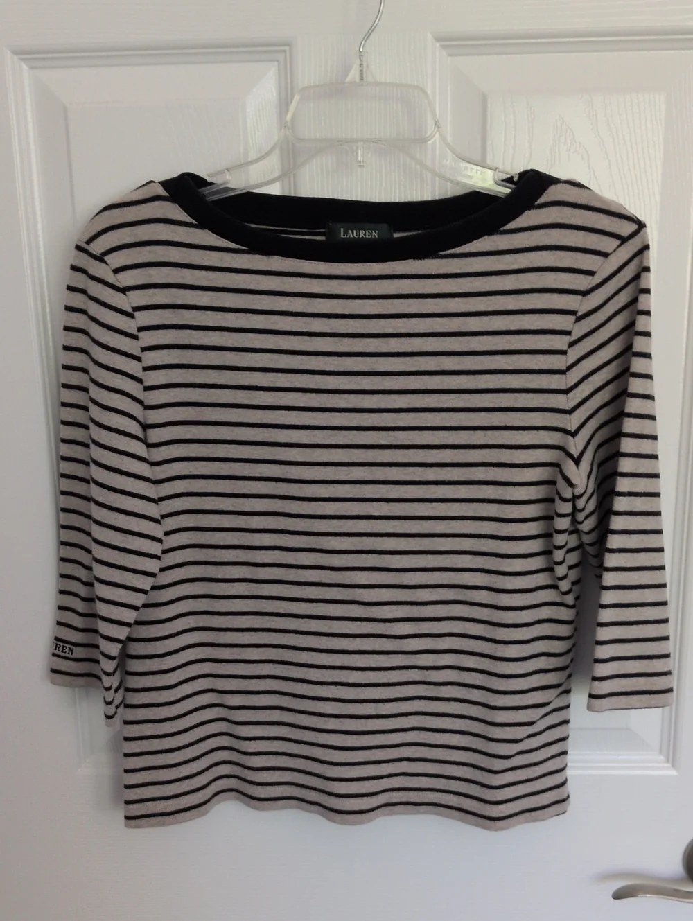 Lauren Ralph Lauren Oatmeal & Black Striped 3/4 Sleeve Boat Neck Top - L
